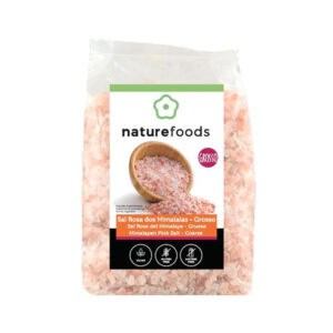 Sal Rosa dos Himalaias Grosso da marca Naturefoods em embalagem de 1kg, sal mineral natural não refinado, rico em oligoelementos essenciais.