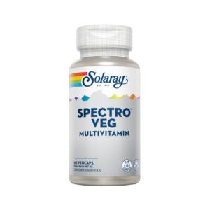 Frasco de suplemento Solaray Spectro Veg Multivitamínico com 60 cápsulas vegetais, fórmula completa com vitaminas, minerais e antioxidantes de origem vegetal.