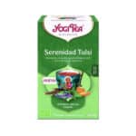 Infusão bio Serenidade Tulsi Yogi Tea em embalagem de 17 saquetas, mistura calmante de ervas ayurvédicas para relaxamento natural.