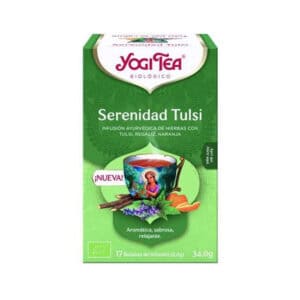 Infusão bio Serenidade Tulsi Yogi Tea em embalagem de 17 saquetas, mistura calmante de ervas ayurvédicas para relaxamento natural.