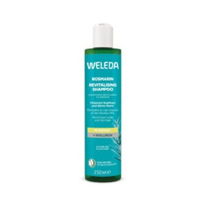 Champô revitalizante de alecrim Weleda em frasco de 250ml, limpa suavemente e estimula o couro cabeludo para cabelos fortes e brilhantes.