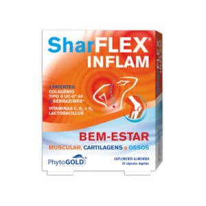 Frasco de SharFlex Inflam 20 cápsulas da Phytogold com extratos naturais e anti-inflamatórios para o alívio das dores articulares e musculares.