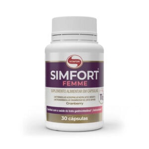 frasco de suplemento simfort femme 30 cápsulas vitafor para equilíbrio hormonal feminino e saúde intestinal