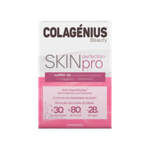 Frasco de suplemento Colagénius Beauty Skin Perfection Pro com 60 comprimidos, fórmula avançada com colagénio, ácido hialurónico e vitaminas para pele firme e luminosa.