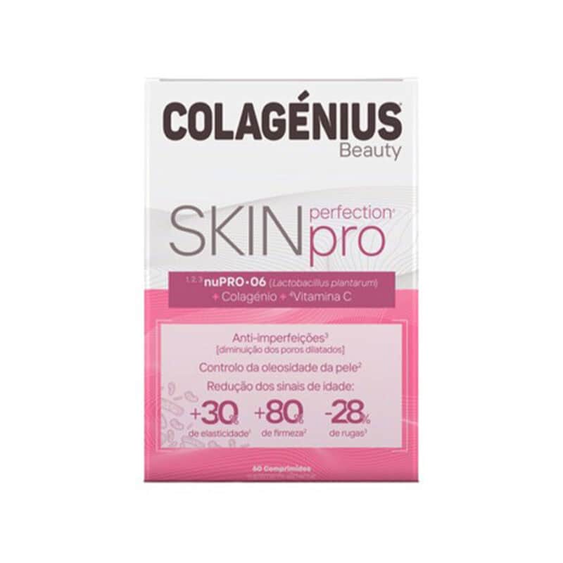 Frasco de suplemento Colagénius Beauty Skin Perfection Pro com 60 comprimidos, fórmula avançada com colagénio, ácido hialurónico e vitaminas para pele firme e luminosa.