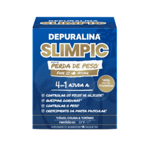 Suplemento Depuralina Slimpic 15 saquetas em pó solúvel, formulado para ajudar na perda de peso e redução de gordura corporal.