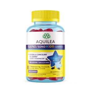 Frasco de suplemento Aquilea Sono Kids com 30 gomas, fórmula infantil com melatonina e camomila para um sono tranquilo e natural.