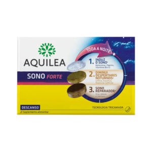 Embalagem de Aquilea Sono Forte 60 comprimidos, suplemento natural com melatonina e extratos de plantas para favorecer o sono profundo e reparador.