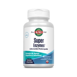 frasco de Super Enzymes 60 comprimidos Kal, suplemento digestivo com enzimas que favorecem a digestão de proteínas, gorduras e hidratos de carbono