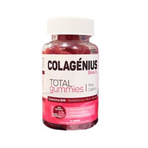 Frasco de suplemento Colagénius Beauty Total com 60 gomas, fórmula com colagénio, biotina e vitaminas para pele, cabelo e unhas saudáveis.
