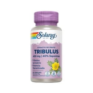 Frasco de suplemento Solaray Tribulus 450mg com 60 cápsulas, extrato natural de Tribulus terrestris para energia, vitalidade e desempenho físico.