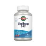 frasco de Ultra Ómega 3-6-9 100 cápsulas Kal, suplemento com ácidos gordos essenciais que promovem a saúde cardiovascular, cerebral e articular