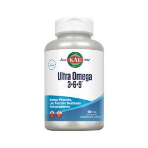 frasco de Ultra Ómega 3-6-9 100 cápsulas Kal, suplemento com ácidos gordos essenciais que promovem a saúde cardiovascular, cerebral e articular
