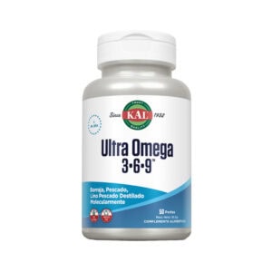 frasco de Ultra Ómega 3-6-9 50 cápsulas Kal, suplemento de ácidos gordos essenciais para o coração, cérebro e articulações