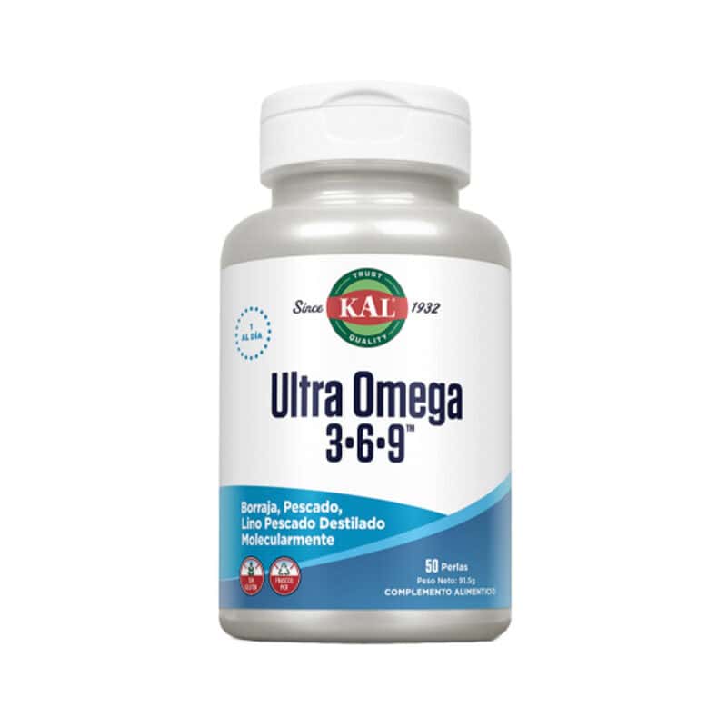 frasco de Ultra Ómega 3-6-9 50 cápsulas Kal, suplemento de ácidos gordos essenciais para o coração, cérebro e articulações