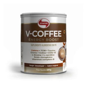 Embalagem de V-Coffee Energy Boost 220g da Vitafor, café funcional em pó com cafeína, TCM e taurina para energia e foco mental.