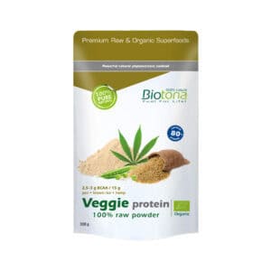 Proteína Vegetal 100% Raw em pó Biotona 300gr em embalagem ecológica, mistura natural de proteínas vegetais para nutrição e energia.