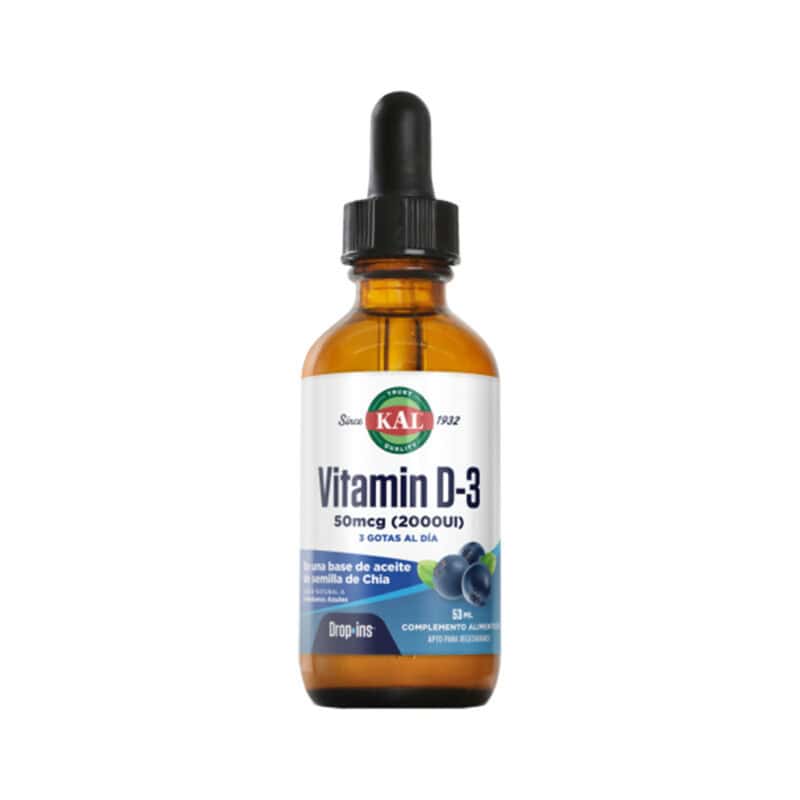 frasco de Vitamina D3 2000UI 53ml Kal, suplemento líquido que apoia a saúde óssea e o sistema imunitário
