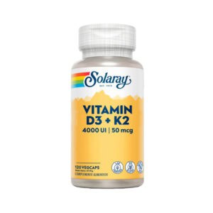 Frasco de suplemento Solaray Vitamina D3 4000UI + K2 50mcg com 120 cápsulas, suporte para ossos fortes, imunidade e saúde cardiovascular.