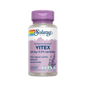 Frasco de suplemento Solaray Vitex 225mg com 60 cápsulas, extrato de angélica-vitex para equilíbrio hormonal feminino e bem-estar menstrual.