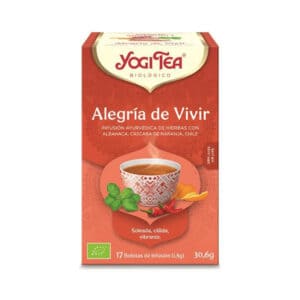 Chá biológico Yogi Tea Alegria de Viver em embalagem de 17 saquetas, infusão aromática com ervas e especiarias revigorantes.
