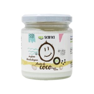 Óleo de côco extra virgem biológico Ecosana frasco de 200ml, ideal para cozinhar, hidratar e uso cosmético natural.