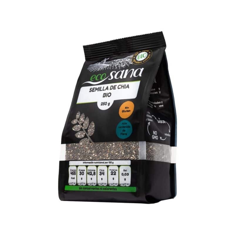 Sementes de chia biológicas Ecosana embalagem de 250gr, superalimento rico em fibra, ómega 3 e proteína vegetal.