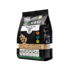 Sementes de linhaça dourada biológicas Ecosana em embalagem de 250 gramas, ricas em fibra e ómega-3.