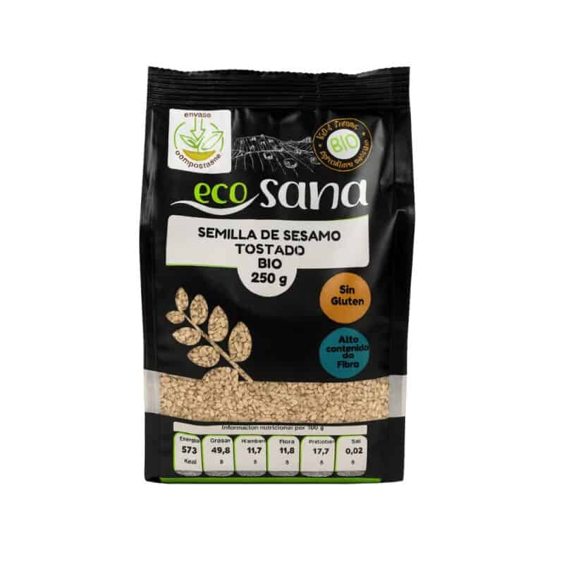 Sementes de sésamo torrado biológicas Ecosana em embalagem de 250 gramas, ideais para cozinhar e adicionar crocância às receitas.
