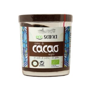 Creme de cacau preto biológico Ecosana em frasco de 200 gramas, com textura cremosa e sabor intenso a cacau.