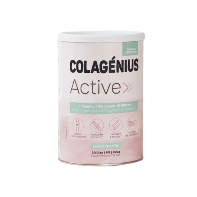 Pó Colagénius Active Neutro em embalagem de 330 g para suporte articular, ósseo e muscular.
