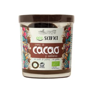 Creme de cacau e avelãs bio Ecosana em frasco de 200 gramas com textura cremosa e cor castanha.