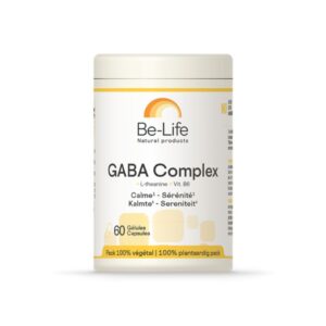 Gaba Complex Be Life frasco com 60 cápsulas de suplemento para apoio ao relaxamento e equilíbrio do sistema nervoso.