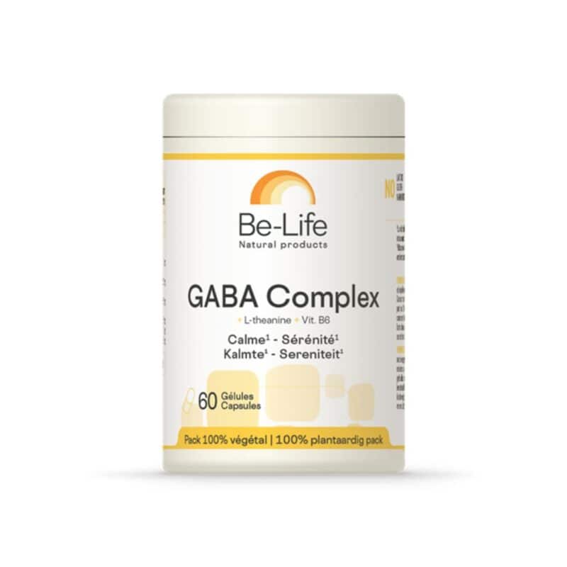 Gaba Complex Be Life frasco com 60 cápsulas de suplemento para apoio ao relaxamento e equilíbrio do sistema nervoso.