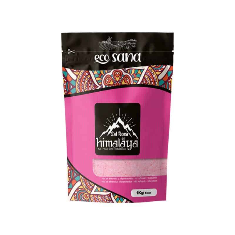Sal rosa dos Himalaias fino Ecosana em embalagem de 1kg, cristais naturais para tempero e cozinha saudável.