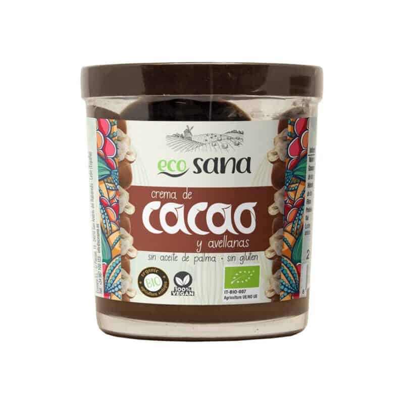 Creme de cacau e avelãs bio Ecosana em frasco de 200 gramas com textura cremosa e cor castanha.