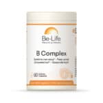 Frasco de B Complex Be Life com 60 cápsulas, suplemento de vitaminas do complexo B para energia e vitalidade.