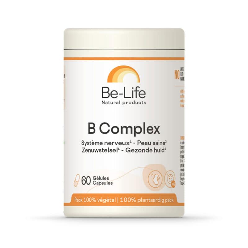Frasco de B Complex Be Life com 60 cápsulas, suplemento de vitaminas do complexo B para energia e vitalidade.