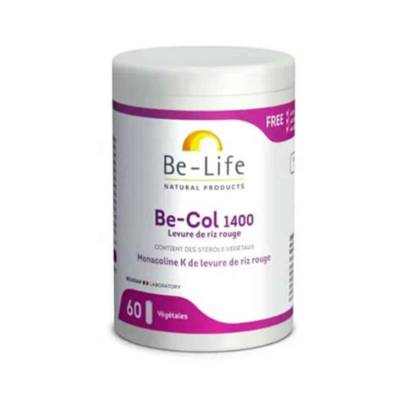 Frasco de Be-Col 1400 Be Life com 60 cápsulas, suplemento formulado para apoiar o equilíbrio do colesterol.