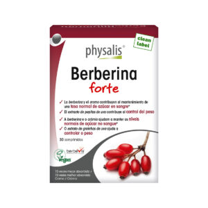 Frasco de Berberina Forte Physalis com 30 comprimidos, suplemento concentrado para apoio metabólico.