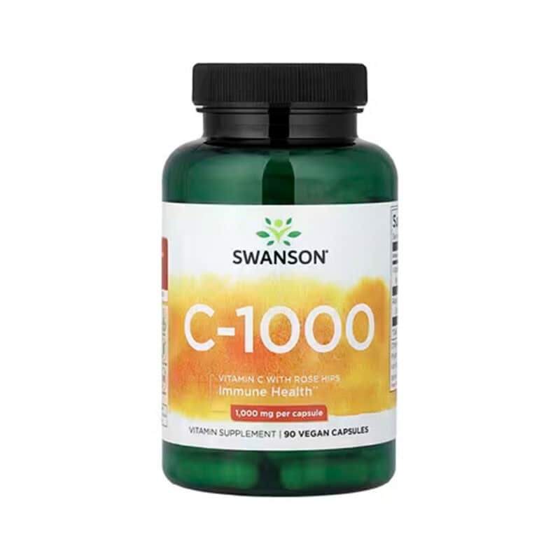 Vitamina C 1000 mg com roseira brava Swanson em cápsulas, frasco com 90 cápsulas para suporte imunitário e antioxidante