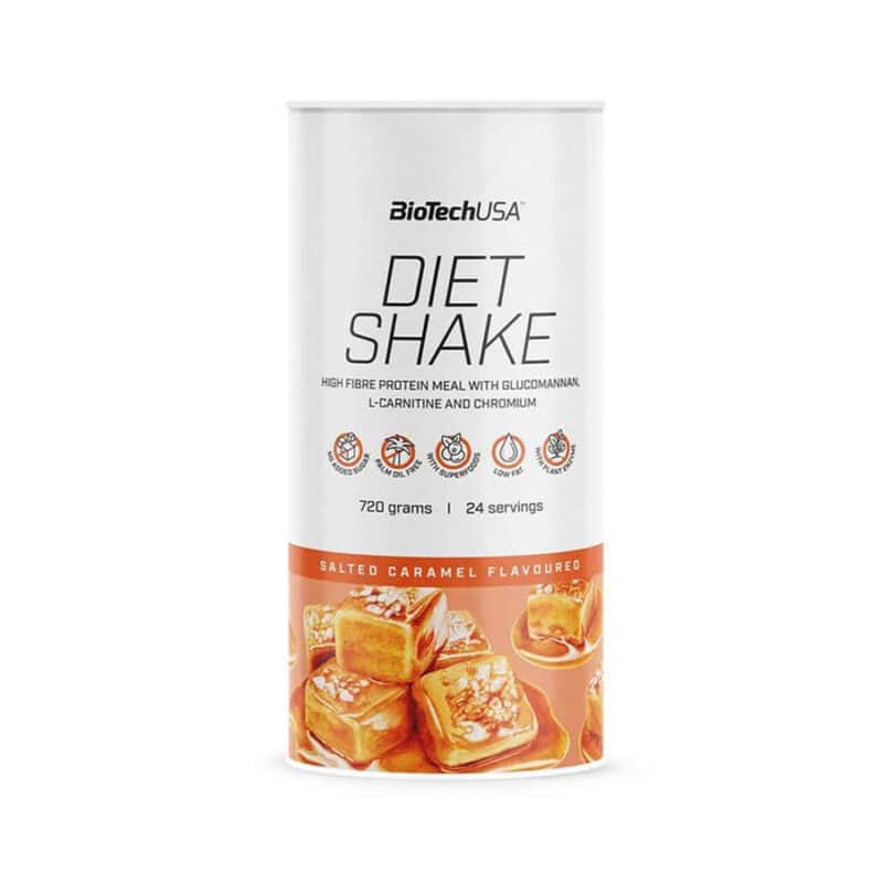 Embalagem de Diet Shake Caramelo Salgado Biotech USA 720g, fórmula nutritiva para controlo de peso com sabor a caramelo salgado.