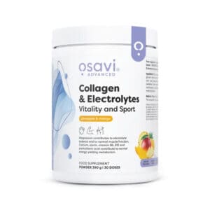 Suplemento de colagénio e eletrólitos sabor ananás e manga da Osavi em embalagem de 380 g, em pó solúvel para preparar bebida de hidratação e recuperação.
