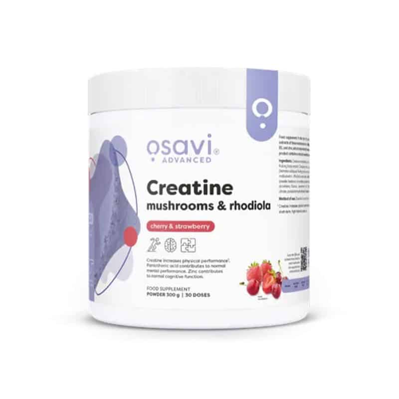 Creatina com cogumelos e rhodiola Osavi em pó, sabor cereja e morango, embalagem 300 g para desempenho e energia