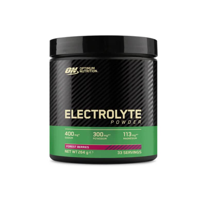 Eletrólito em pó Optimum Nutrition sabor frutos silvestres em embalagem de 264 g para hidratação e reposição de minerais.