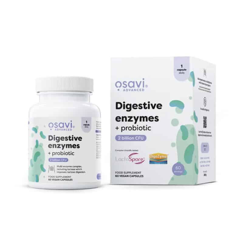 Enzimas digestivas com probiótico Osavi em cápsulas, frasco com 60 cápsulas para apoio à digestão e equilíbrio intestinal