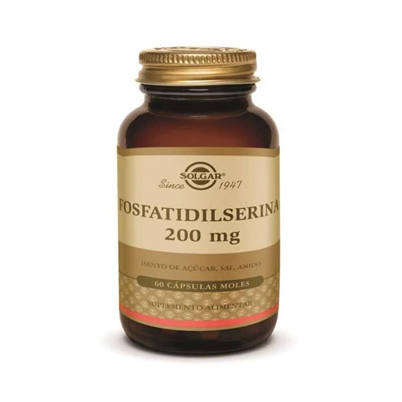 Fosfatidilserina Solgar 200mg em frasco de 60 cápsulas para apoio cognitivo e memória