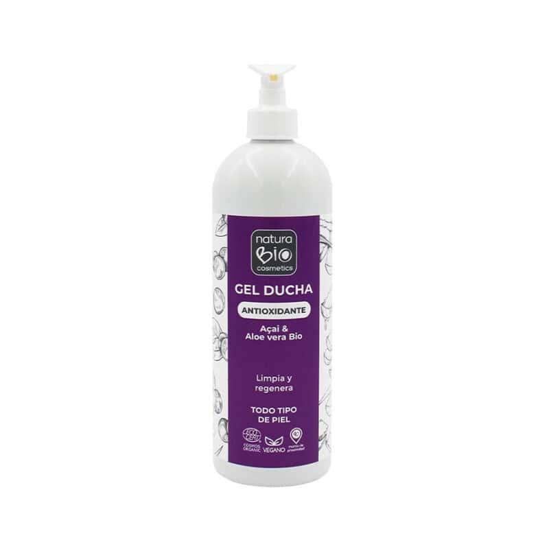 Gel de duche antioxidante Natura Bio com açaí e aloe vera em frasco de 740ml, formulado para limpar e proteger a pele com ingredientes biológicos.