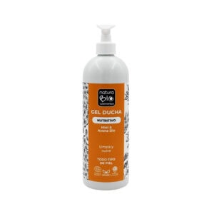 Gel de duche nutritivo Natura Bio com mel e aveia em frasco de 740ml, formulado para limpar e hidratar suavemente a pele.