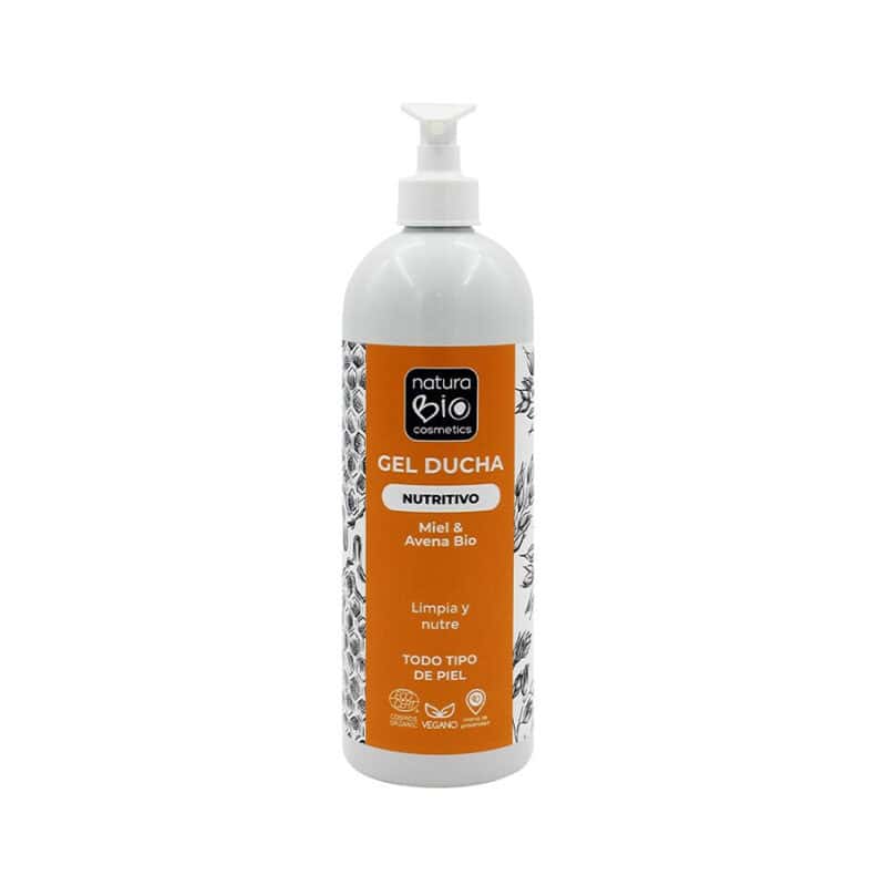 Gel de duche nutritivo Natura Bio com mel e aveia em frasco de 740ml, formulado para limpar e hidratar suavemente a pele.